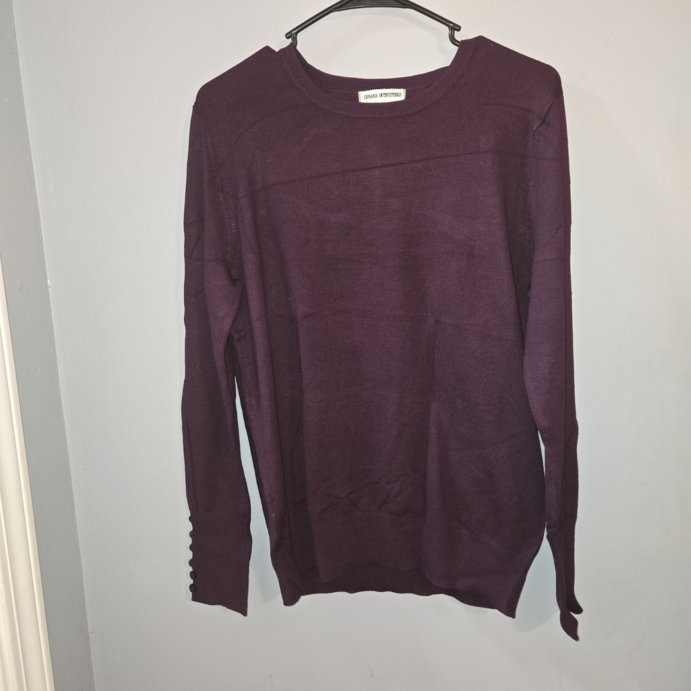 NWT Zenana Lg Dark Plum Crew Neck Sweater W Button Detail On Sleeve Relaxed Fit